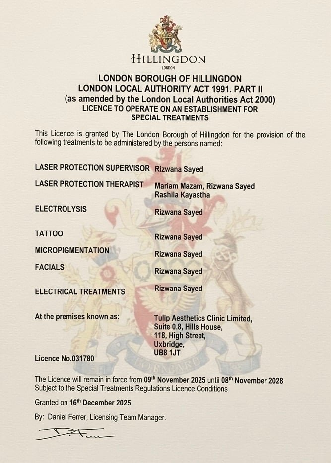 Official UK Special Treatments operating licence granted to Rizwana Sayed for Laser, Micropigmentation and Facials (Licence No. 031780)